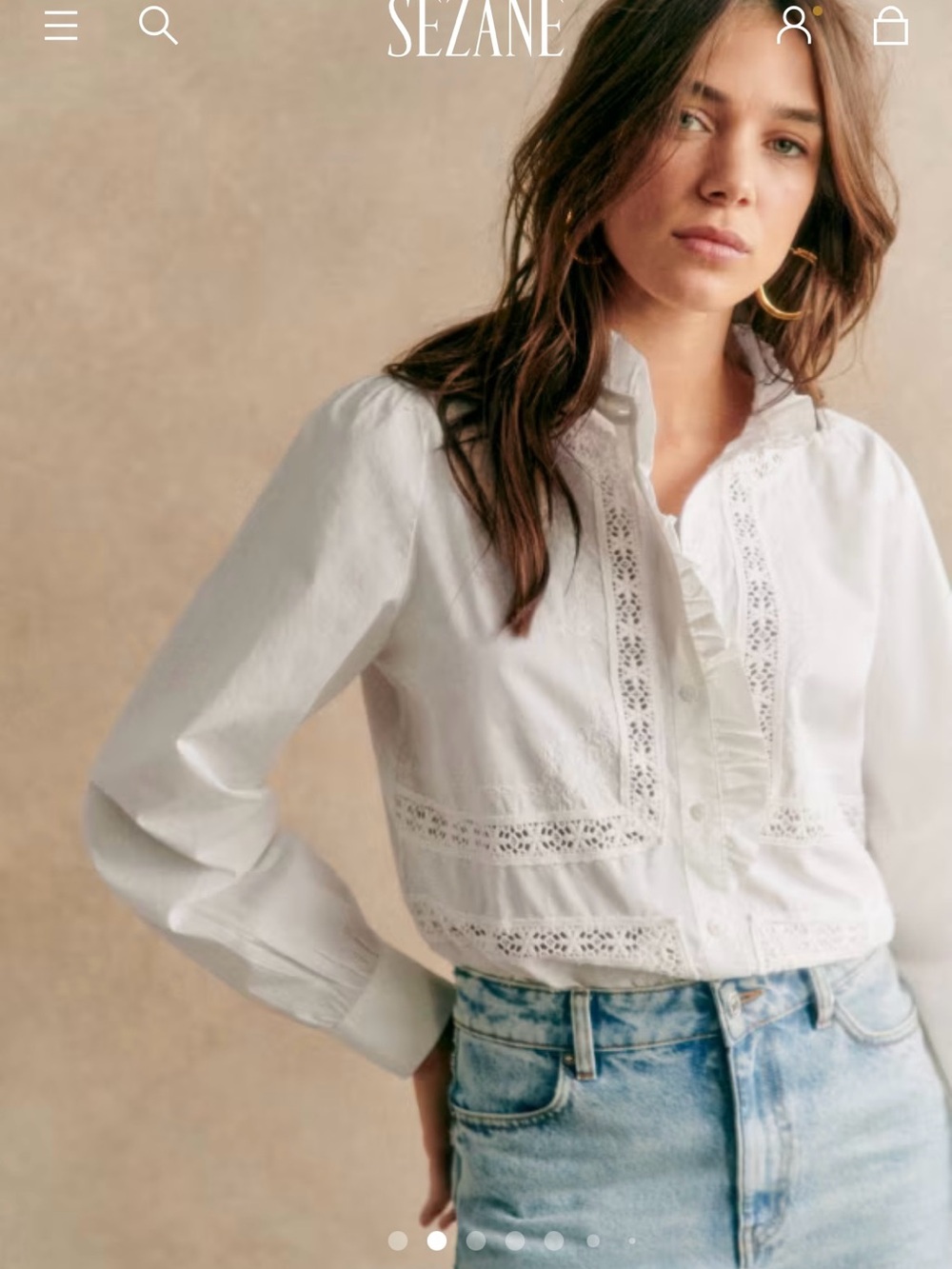 Sezane White Lace-Trim Cotton Blouse